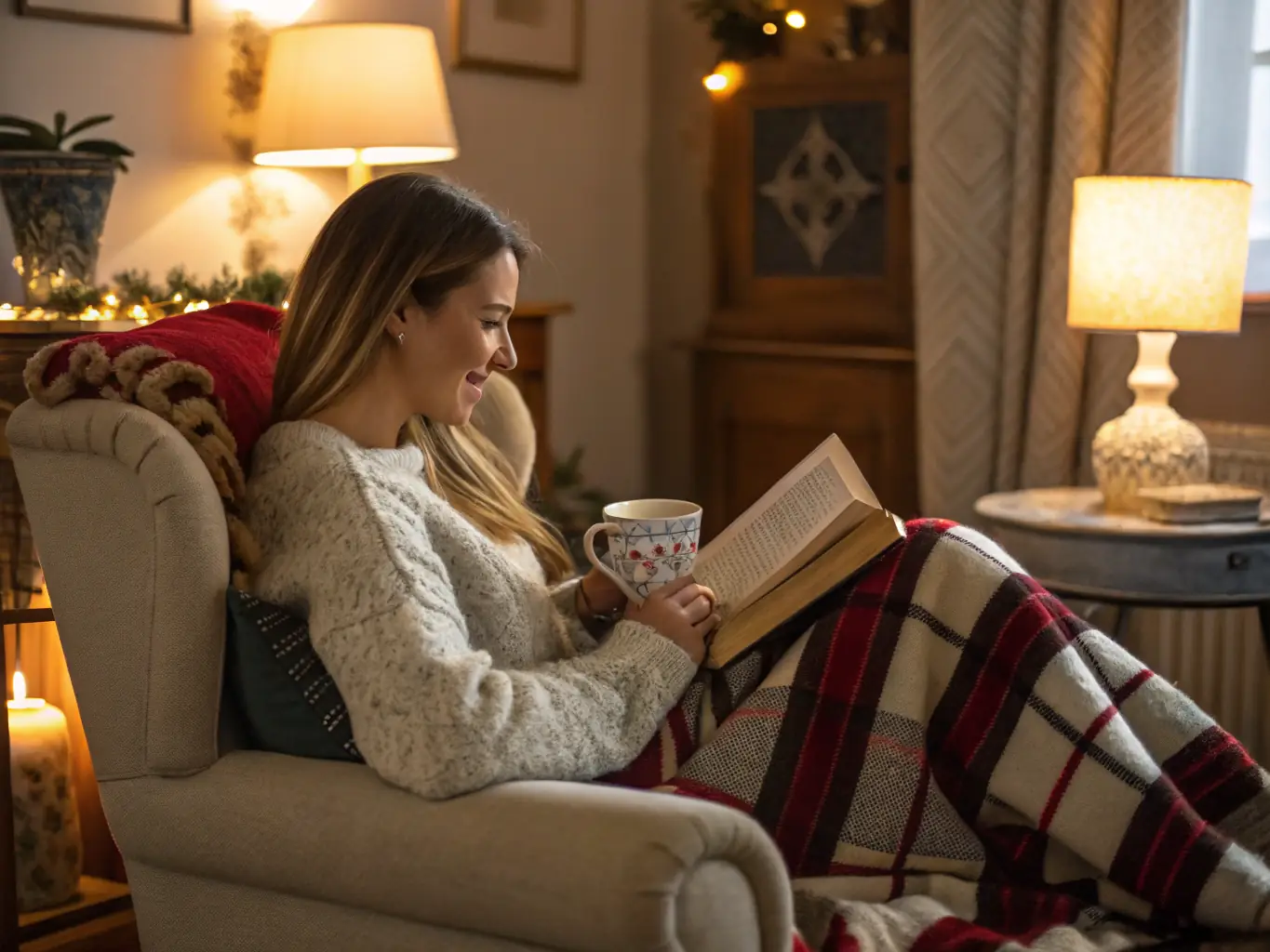A lifestyle image of a woman relaxing at home, wrapped in a soft Maison de Grace blanket, with a cup of tea and a book. The scene is cozy and inviting, emphasizing the importance of rest and self-care.