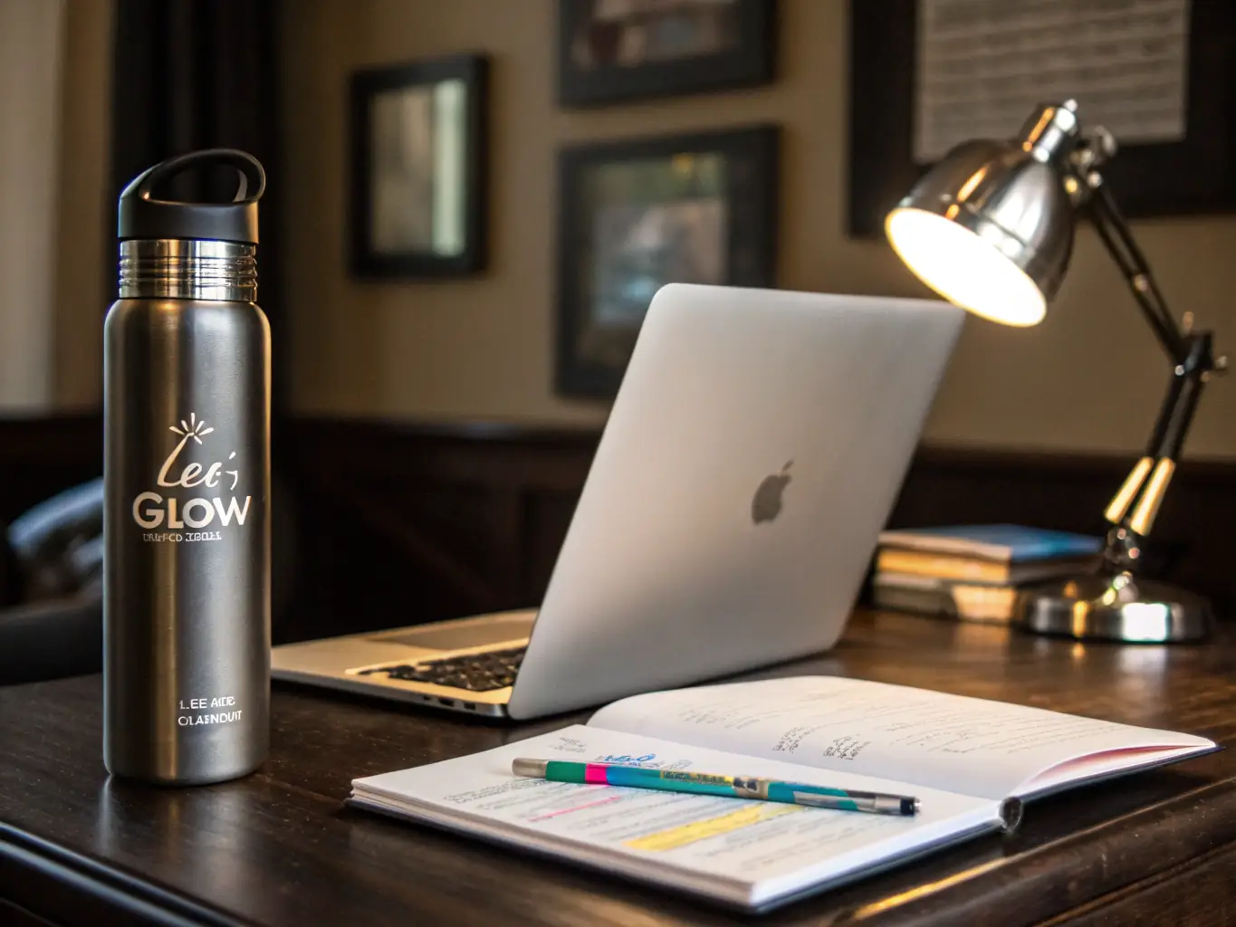 A close-up shot of a Maison de Grace water bottle next to a journal and a pen on a desk, with soft, natural light filtering through a window. The scene evokes a sense of calm and intentionality.